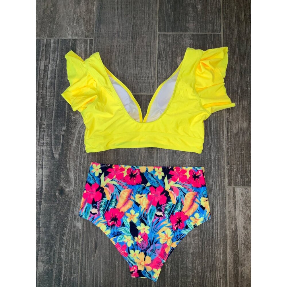 Soucrat Medium Yellow Ruffled Bikini Top with Floral High Waist Bottoms - Picture 5 of 7